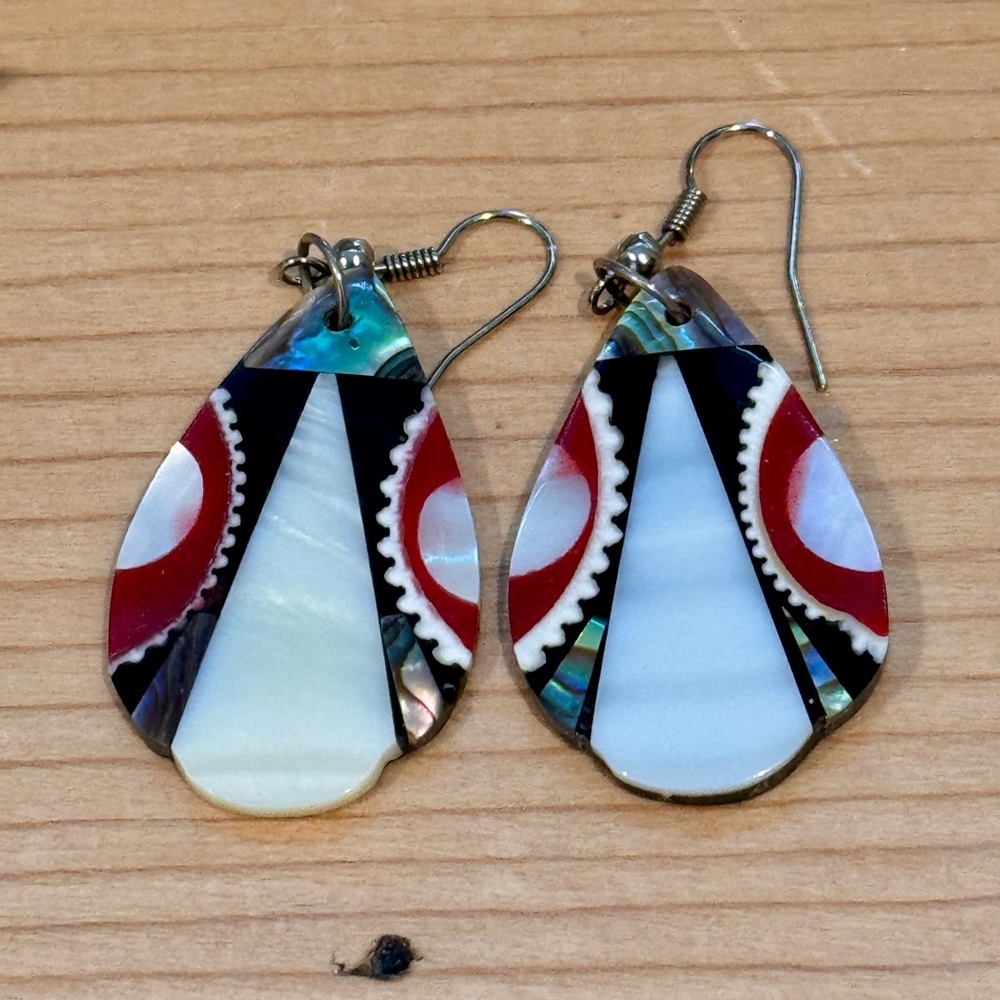 Shell & Abalone Teardrop Earrings Puerto Rico Women Red Black White